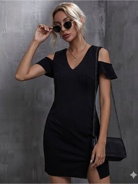 Express Black Cold-Shoulder V-Neck Midi Dress